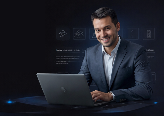 Ilustração do hero: profissional com notebook e elementos digitais em tons de azul